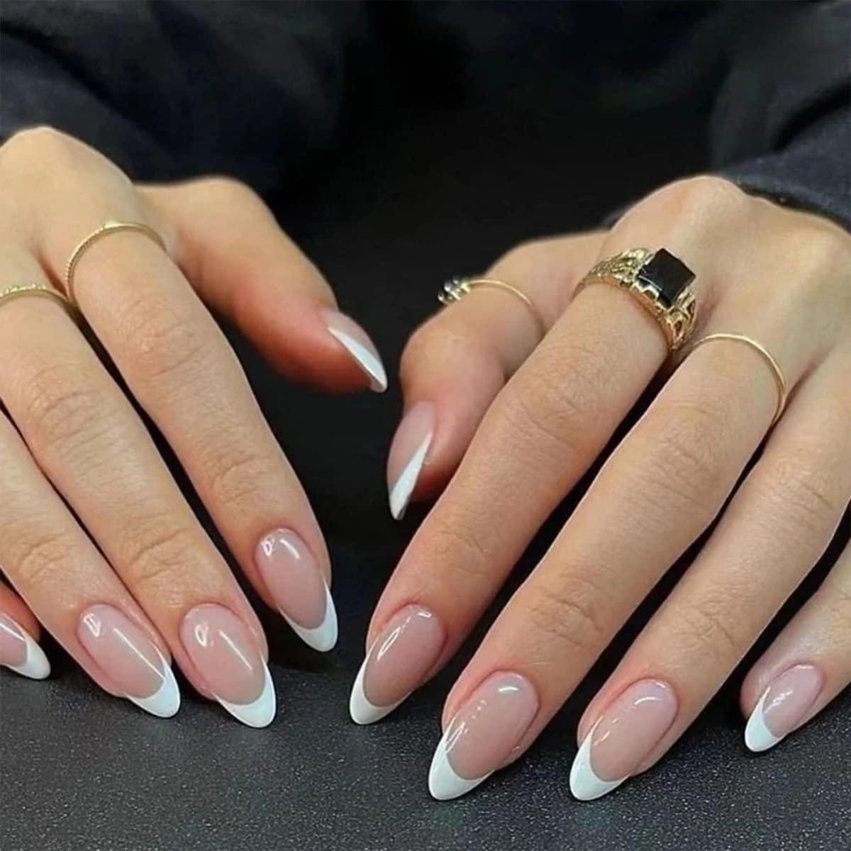 24Pcs French Tip Press On Nails, Medium Almond Tips Acrylic Full Cover White Glossy Nude Reusable Glue On Nails for Women Girls