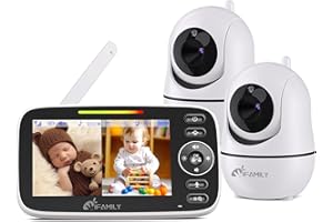 iFamily Split Screen Baby Monitor, Large Display Video Baby Monitor with 2 Cameras and Audio, Long Range, Remote pan tilt, Night Vision, Temperature Sensor, 2 Way Talk, Feeding Clock and lullabies.