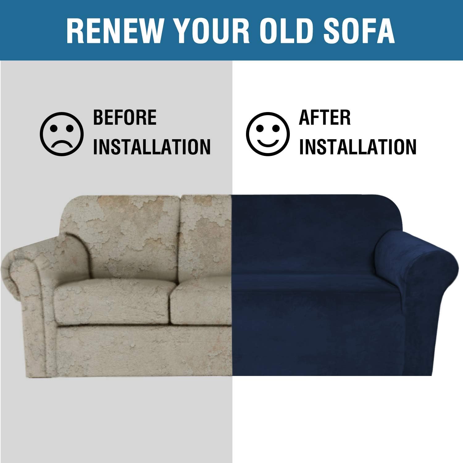 H.VERSAILTEX Stretch Velvet Sofa Covers for 3 Cushion Couch Covers Sofa Slipcovers with Non Slip Straps Underneath The Furniture, Crafted from Thick Comfy Rich Velour (Sofa 72"-96", Navy): Kitchen & Dining