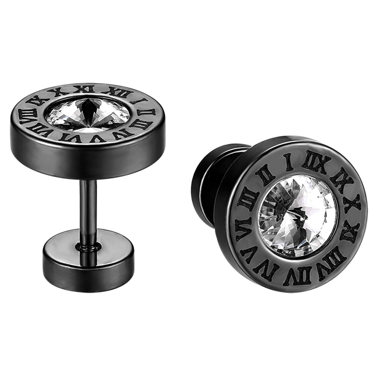 JewelryWe Stud Earrings, Shiny CZ Inlay with Roman Numerals Pattern Stainless Steel Screw Back Ear Studs for Men Women