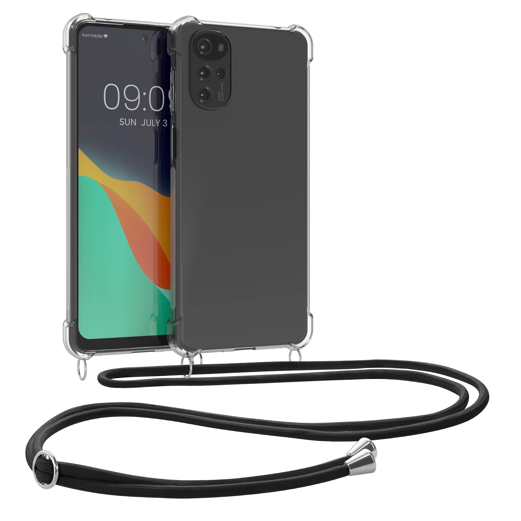 kwmobile Crossbody Case Compatible with Motorola Moto G22 Case - Clear TPU Phone Cover w/Lanyard Cord Strap - Transparent/Black