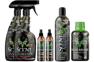 Scent Assassin Combo Package - Natural Earth - 16oz Spray x 2, 4oz Spray x 2, Laundry Detergent, Body Wash and Shampoo - Hunting Scent Eliminator - Scent Away for Hunting and Camping