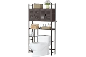 Cozivolife Over The Toilet Storage Cabinet with Paper Holder Stand,Bamboo Bathroom Organizer Shelf with Four Door and Waterproof Feet Pad,Space Saver Rack with Anti-Tip Design (Brown)