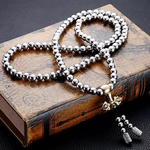 Outdoor Stainless Steel 108 Buddha Beads Necklace Hand Bracelet Chain Titanium Steel Metal Necklace Waist Chain (Silver - C)