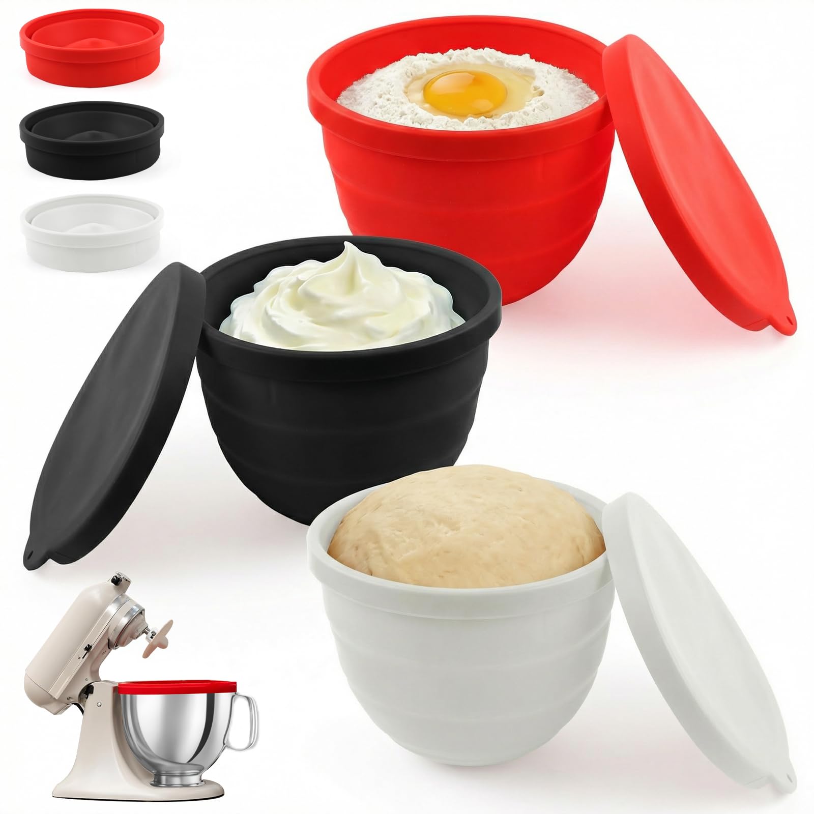 Photo 1 of [3-Pack] Collapsible Silicone Mixing Bowl Liners Compatible with KitchenAid 5 Qt Tilt-Head Mixers - Includes 3 Liners & 3 Lids - Foldable Space Saving, Microwave & Dishwasher Safe Accessories