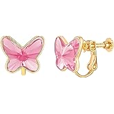 EVEVIC Austrian Crystal Butterfly Clip On Earrings for Women Adjustable Screw Back Non Pierced Earring 14K Gold Plated Hypoallergenic Jewelry