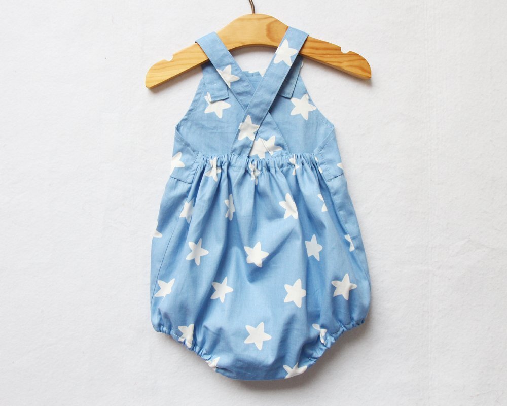 White Blue Baby Boy Romper Star Print Bubble Button Romper Clothing