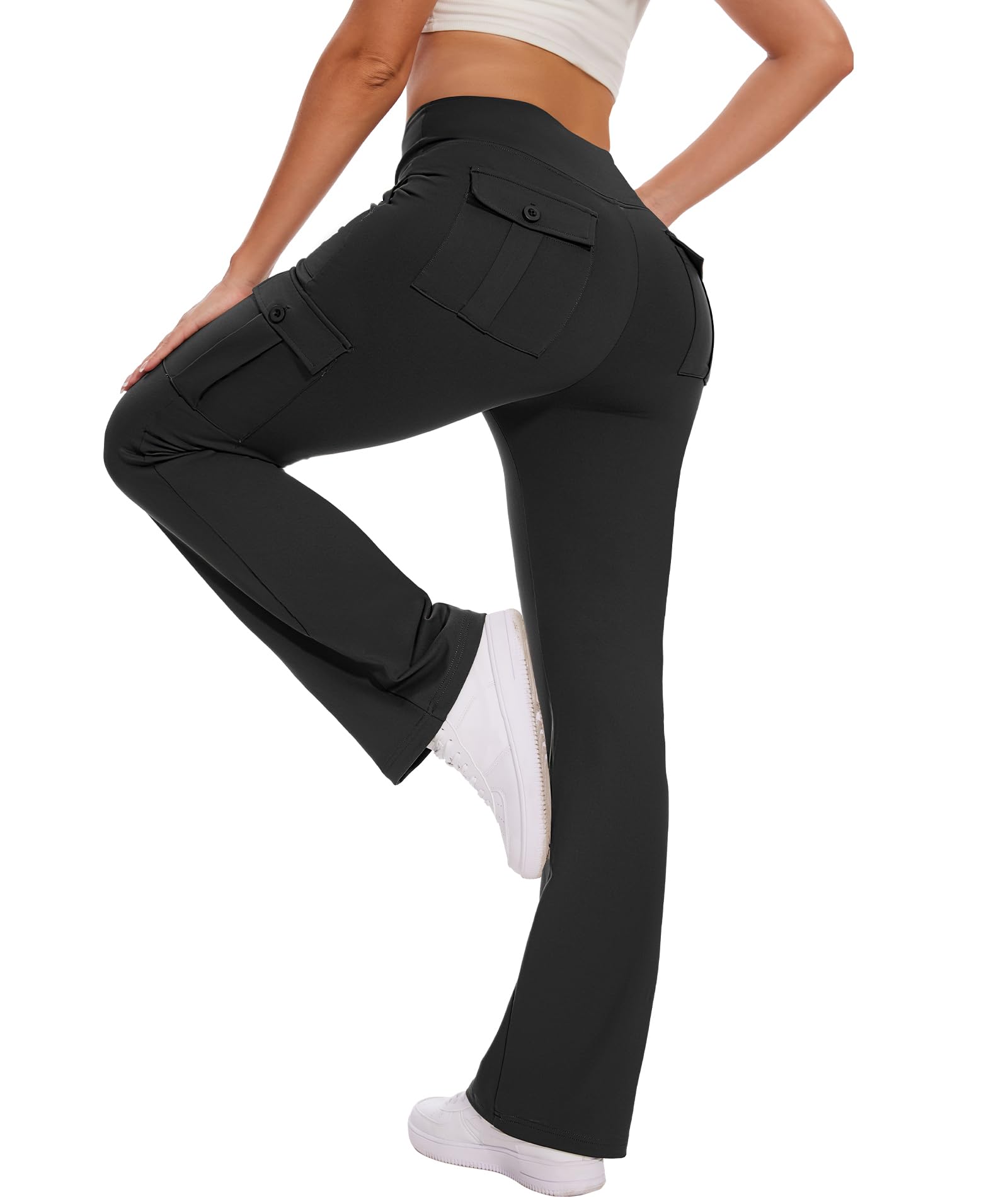 Photo 1 of Hispotim Cargo Yoga Pants Women with Pockets Flared Leggings High Waist Casual Work Travel Bootcut Pants, Black(XL)