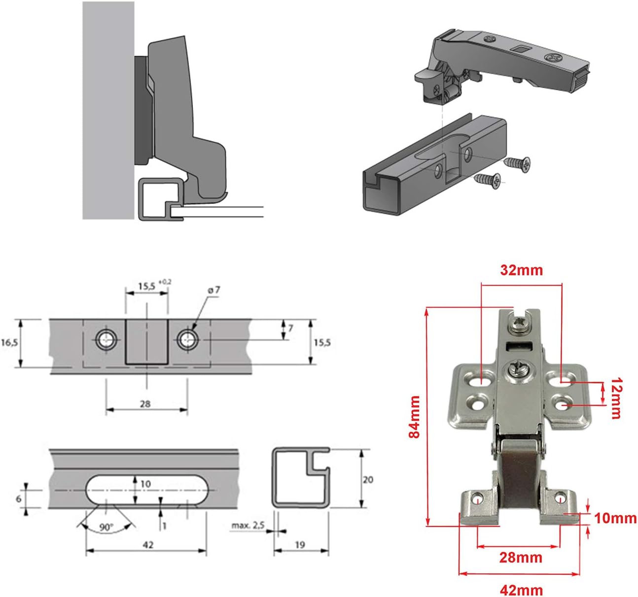 LOOTICH 95 Degree Inset Hinge for Aluminum Framed Doors Hinges with Hydraulic Damper for Kitchen Cabinet Cupboard Door Pack of 8 - Image 3