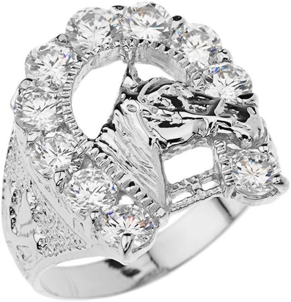 Men's Elegant CZ Lucky Horseshoe and Horse Head Ring in Sterling Silver