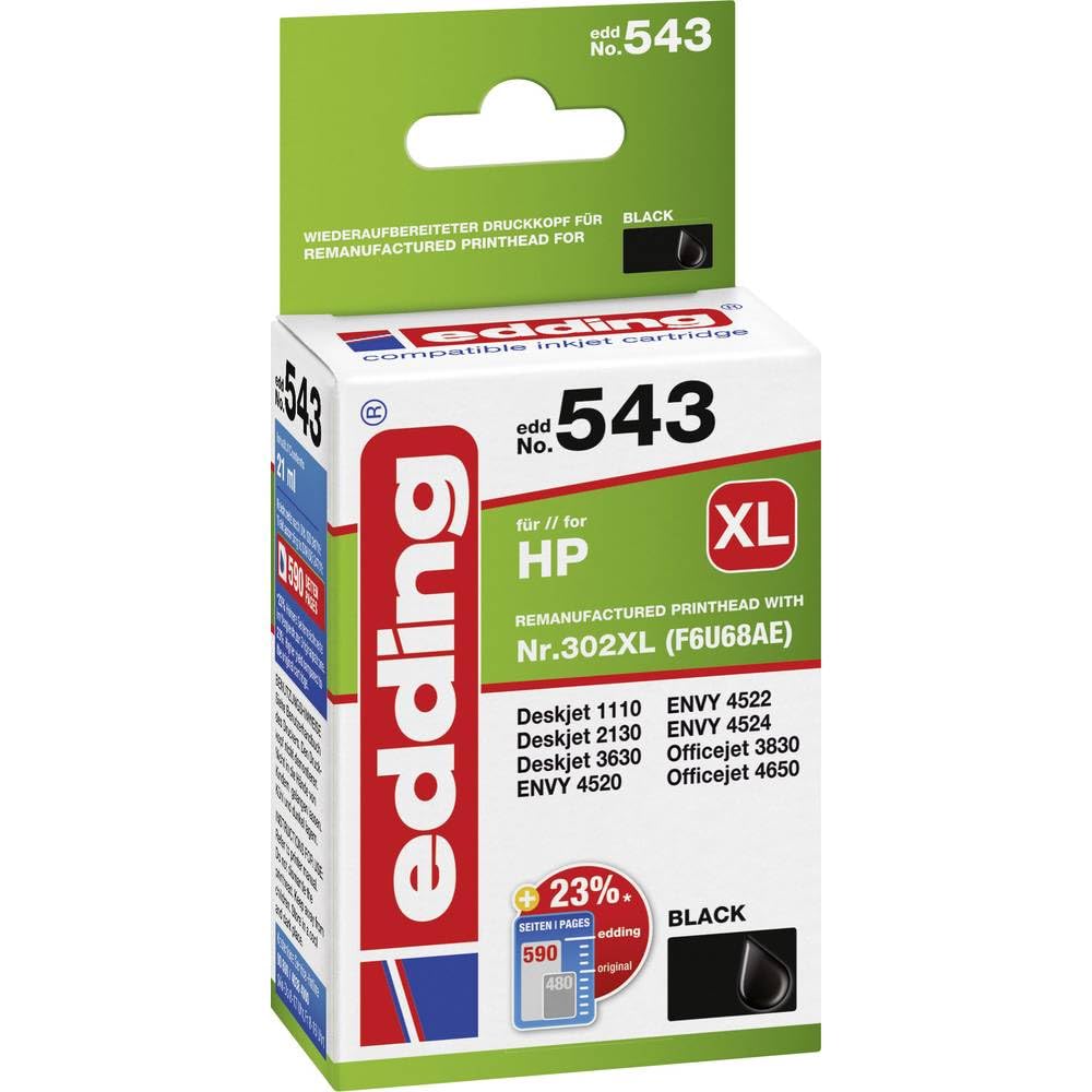 edding EDD-543 Ink Cartridge - Single Cartridge - Black - 21 ml - Yield 590 Pages - Replaces HP 302XL (F6U68AE)