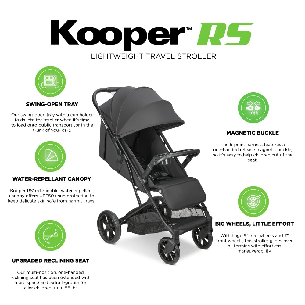 Joovy Kooper RS Lightweight Travel Stroller for Infants and Toddlers with One-Hand Fold, Magnetic Buckle, Multi-Position Recline, and Swing-Open Tray