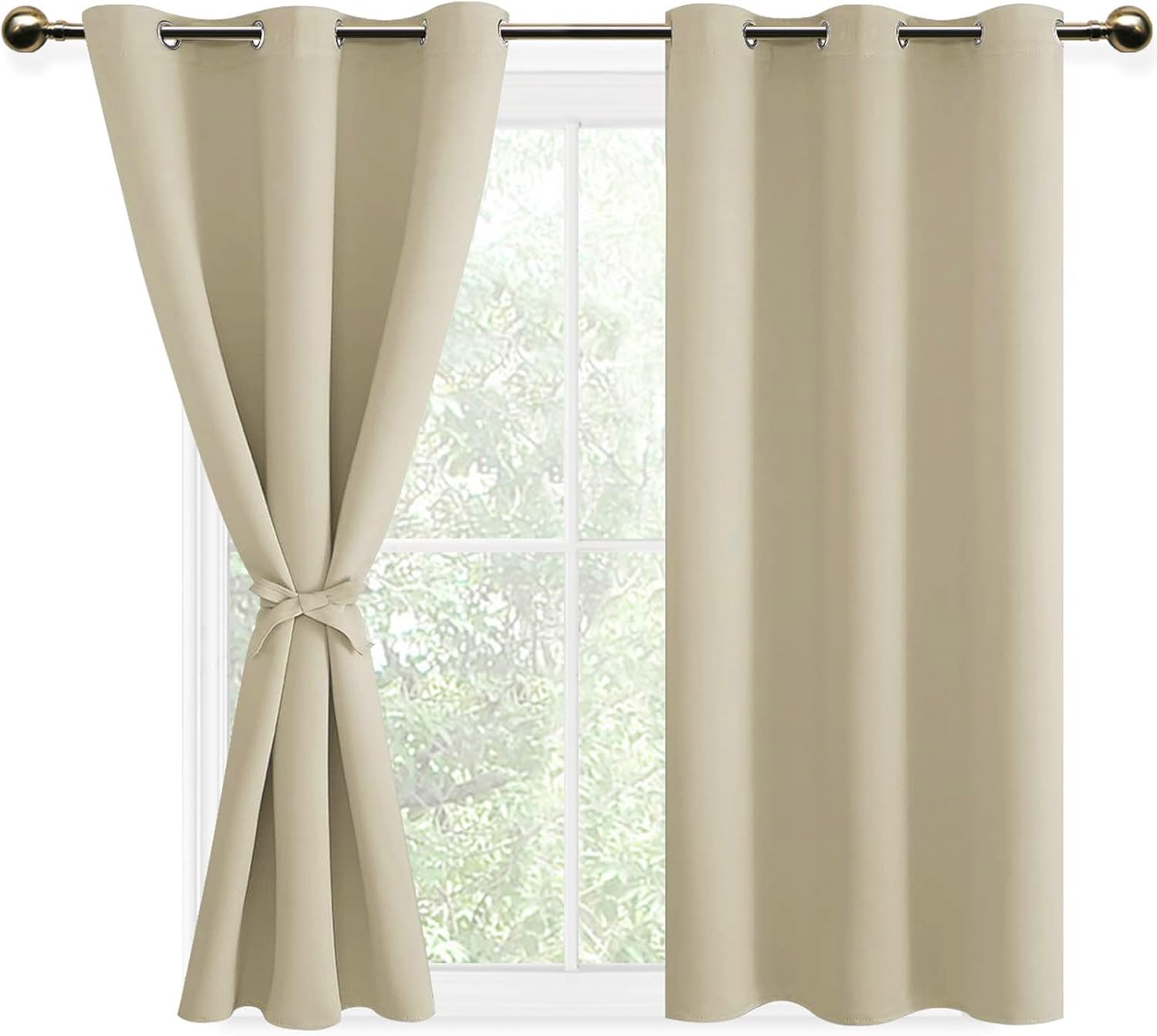 DWCN Light Beige Blackout Curtains with Tiebacks for Bedroom Thermal Insulated Solid Eyelet Curtains for Living Room,2 Panels,46" Wide x 54" Drop