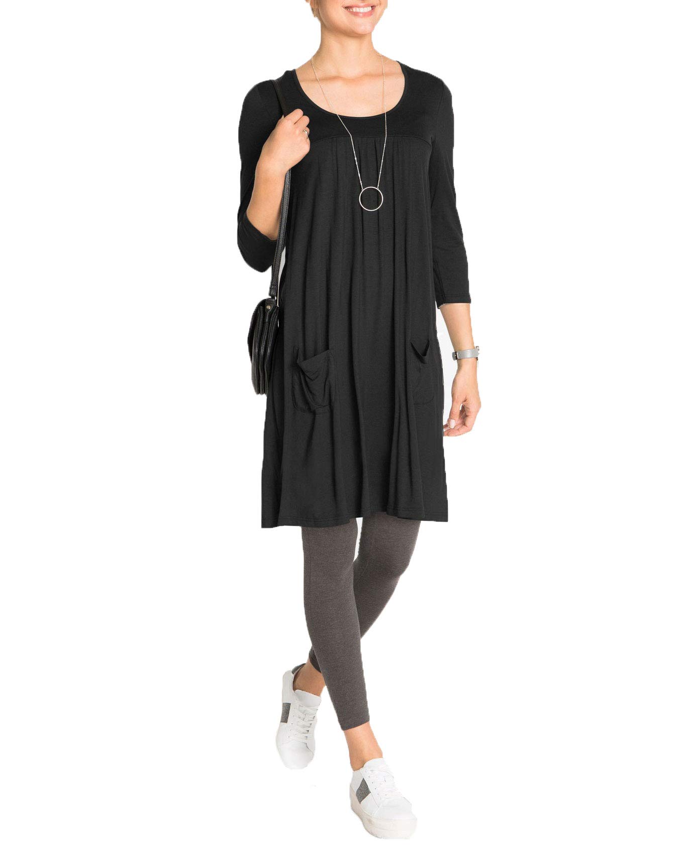 AMCLOS Womens U Neck Dress with Pockets Casual Loose Swing Simple Ruffle Plain Long Sleeve Dresses (Medium, U Neck-Black)