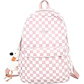 MININAI Y2K Aesthetic Checkered Backpack with Kawaii Pendant Checkerboard Backpack Cute Preppy Laptop Backpack Light Rucksack (One Size,Pink)