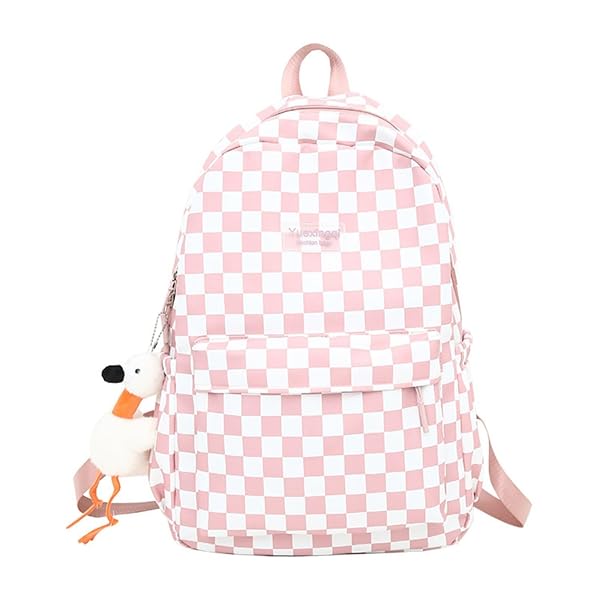 MININAI Y2K AESTHETIC CHECKERED BACKPACK WITH KAWAII PENDANT CHECKERBOARD BACKPACK CUTE PREPPY LAPTOP BACKPACK LIGHT RUCKSACK (ONE SIZE,PINK)