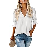 Roshop Valentines Blouses Women's Dressy Tops Smocked Sleeve Deep V Neck Cute Heart Blouse