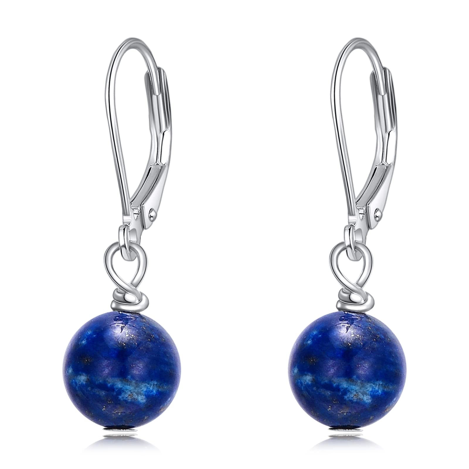 POPLYKE Sterling Silver Lapis Lazuli Simple Earrings Gemstone Round Bead Ball Drop Dangle Leverback Earrings For Women
