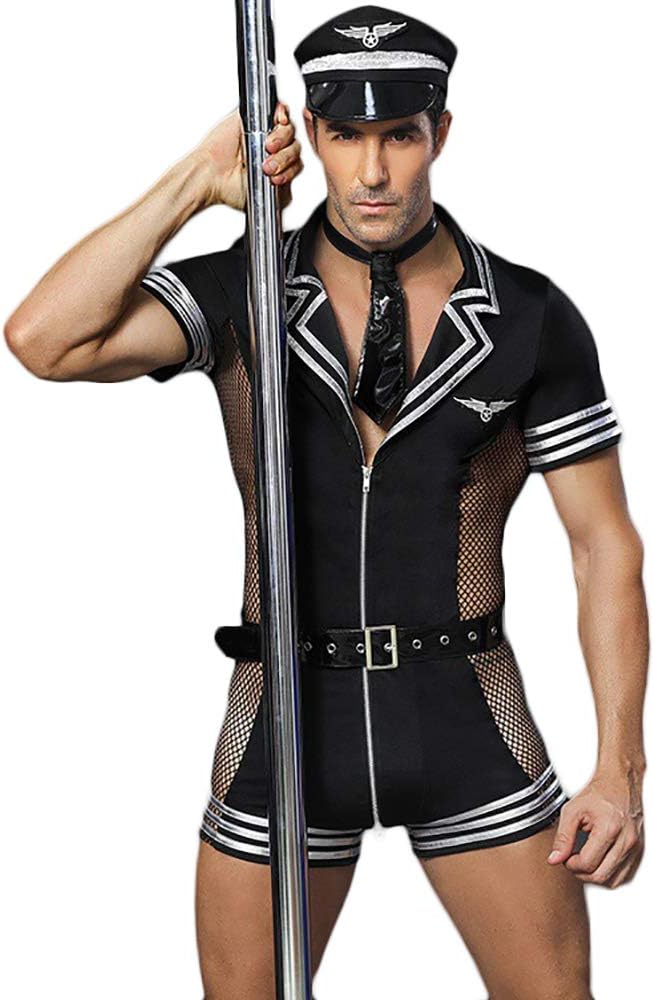 Men's Sexy Police Officer Uniform Cosplay Costume,Halloween Cop Uniform Outfit with Belt and Mesh,Masquerade
