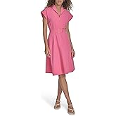 Calvin Klein Womens Cap Sleeve V-Neck Belted Zipper Front Midi A-line Dress