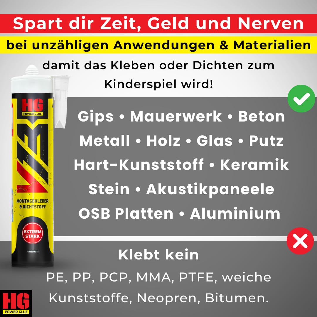 HG POWER GLUE V13 Ultra Hochleistungs-Montagekleber und Dichtstoff extra stark, Kraftkleber für außen und innen, Kleber mit super starker Anfangshaftung, enorme Endfestigkeit, Kartusche 440g weiß 6