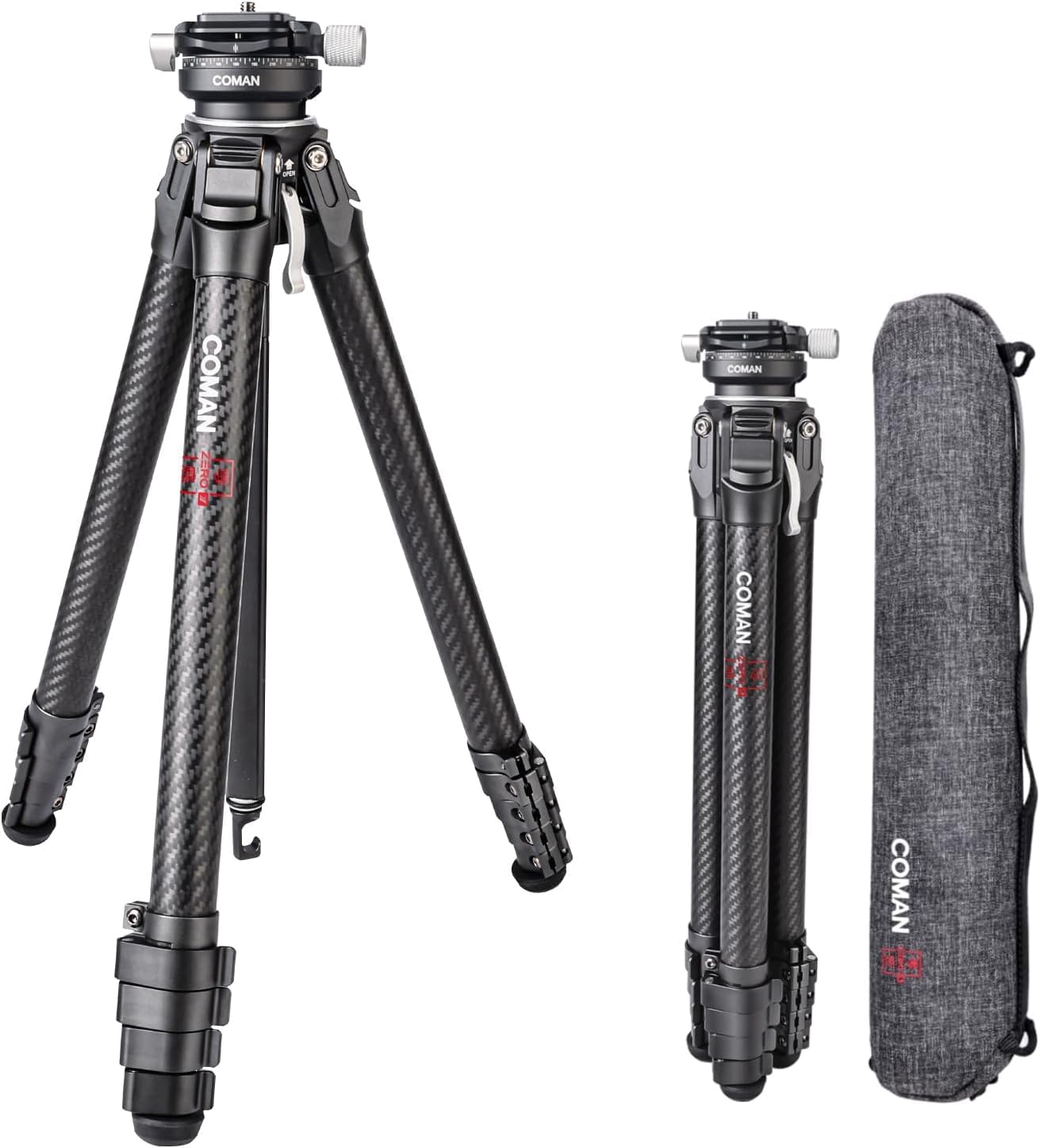 COMAN Zero Y Carbon Fibre Tripod | Lightweight Travel Tripod with 360° Panoramic Ball Head, 156 cm Height, 18kg Load, Arca Quick Release, Multiple Shooting Angles for DSLR & Mirrorless Cameras