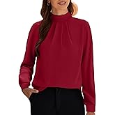 Funlingo Women's Long Sleeve Tops Dressy Casual Mock Neck Work Blouse Fall Trendy Front Pleated Tunic Chiffon Shirts