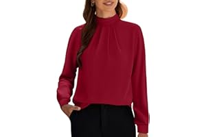 Funlingo Women's Long Sleeve Tops Dressy Casual Mock Neck Work Blouse Fall Trendy Front Pleated Tunic Chiffon Shirts