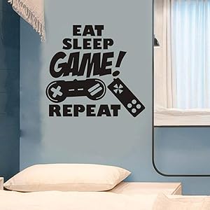 Gamer Decals for Boys Room, Creative Gaming Quote Eat Sleep Repeat Game Wall Sticker for Kids Room Boys Bedroom Playroom Wall Decor (Gamer Decal)