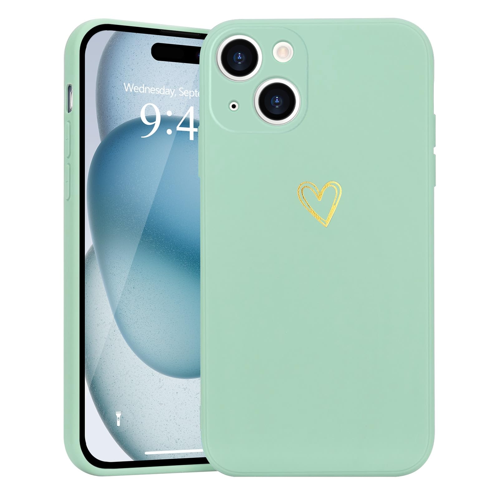 Wirvyuer for iPhone 15 Case Cute Heart Pattern Soft Shockproof Protective Silicone Phone Case for Women Girls, Mint Green — image 1