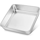 E-far 8x8 Inch Square Cake Pan, Stainless Steel Baking Pan for Lasagna Brownies Casseroles, Silver Square Bakeware for Oven Cooking, Non-Toxic & Rust Free, Dishwasher Safe, 2 Inch deep
