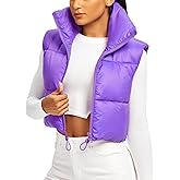 Fuinloth Women's Padded Vest, High Stand Collar Lightweight Zip Crop Puffer Gilet