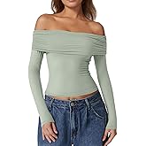 QINSEN Womens Off The Shoulder Tops Double Lined Long Sleeve T Shirts Slim Fitted Stretchy Crop Top