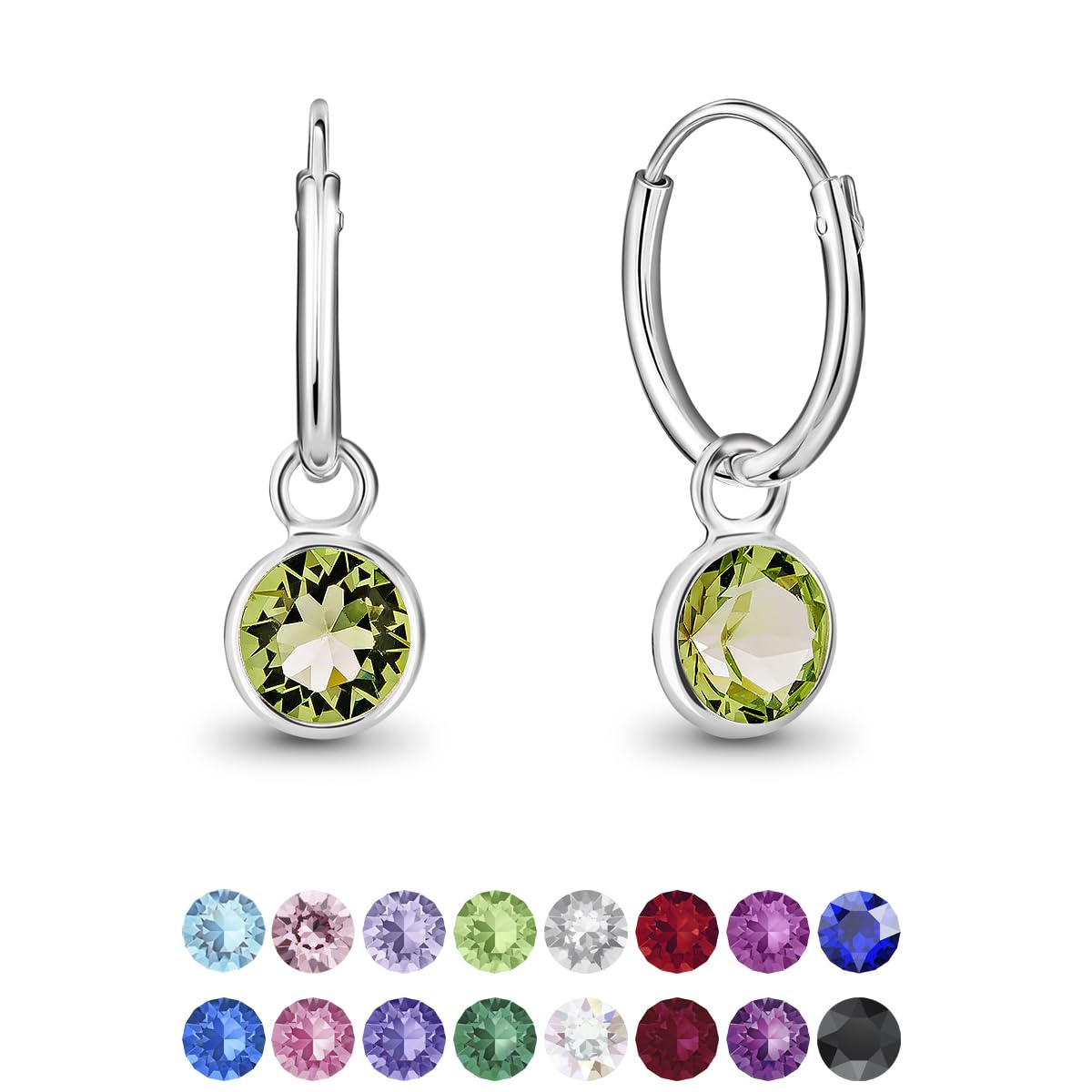 925 Sterling Silver Small Hoops Earrings with Dangling Round Crystals 3 mm - Faux Peridot Earrings - Thickness 1.2 mm - Diameter: 12 mm