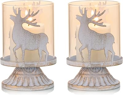 Sziqiqi Vintage Metal Pillar Candle Holders Set of 2 Deer Distressed Hurricane