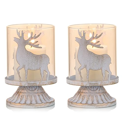 Sziqiqi Vintage Antique Metal Pillar Candle Holders Set of 2, Distressed Hurricane Candlestick Candle Holders Prefer Centerpieces for Christmas Table Mantle Fireplace Decoration, Deer