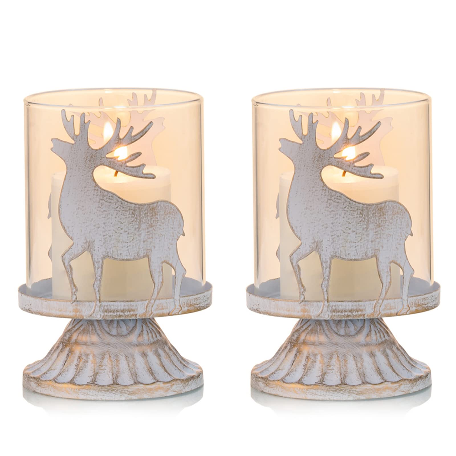 Sziqiqi Vintage Antique Metal Pillar Candle Holders Set of 2, Distressed Hurricane Candlestick Candle Holders Prefer Centerpieces for Christmas Table Mantle Fireplace Decoration, Deer