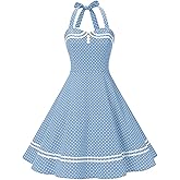 Women Halter Neck 50s 60s Vintage Polka Dot Cocktail Party Swing Dress Buttons Retro Pin Up 1950s Audrey Hepburn Rockabilly Prom Dress Knee Length A-Line Wedding Evening Tea Dresses Light Blue L