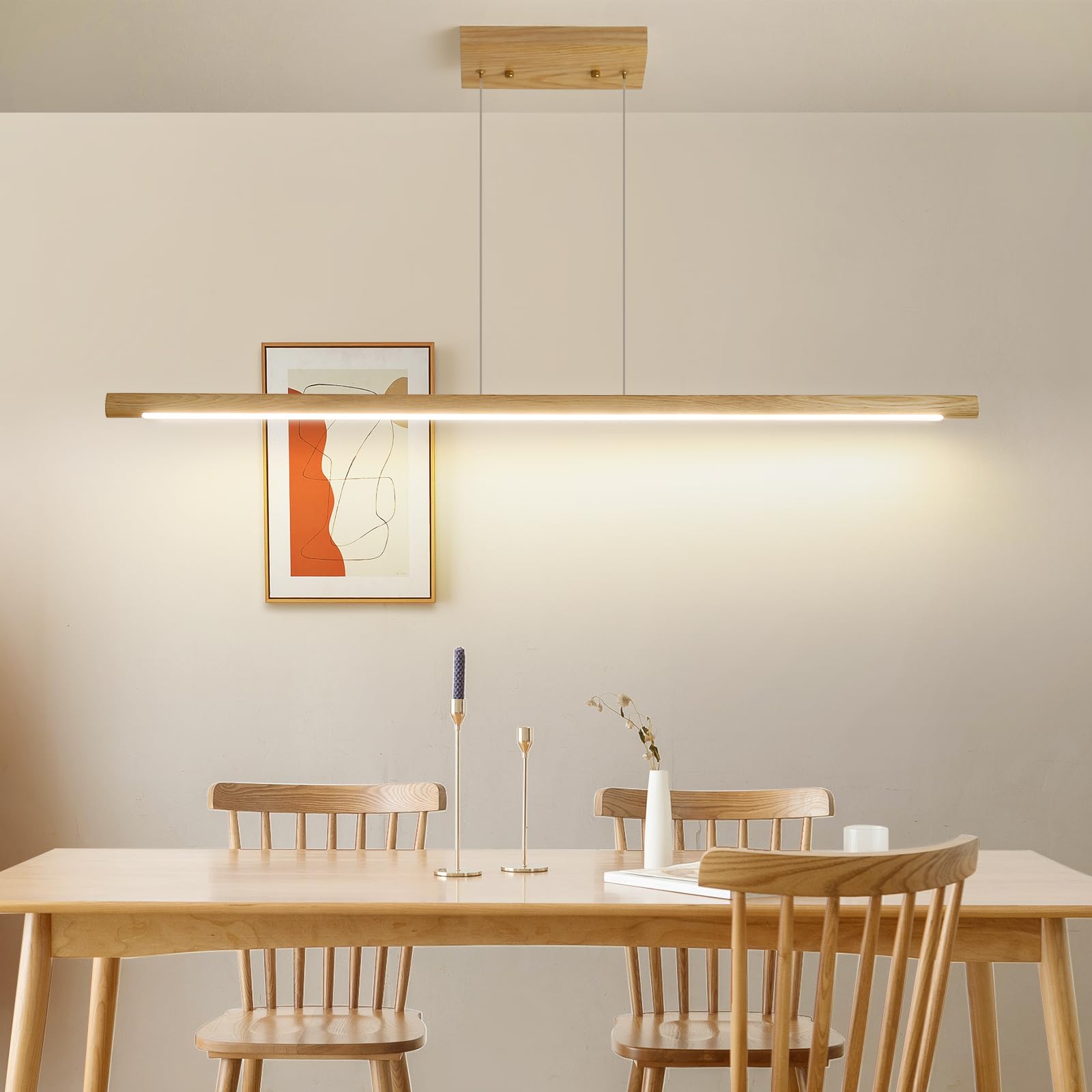 Mikeru Ash Wood Round Pendant Light, 120cm Dimmable Wood Linear Hanging Table Lights 3000K/4500K/6500K 10% to 100% Modern LED Kitchen Chandelier for Living Room, Restaurant, Office