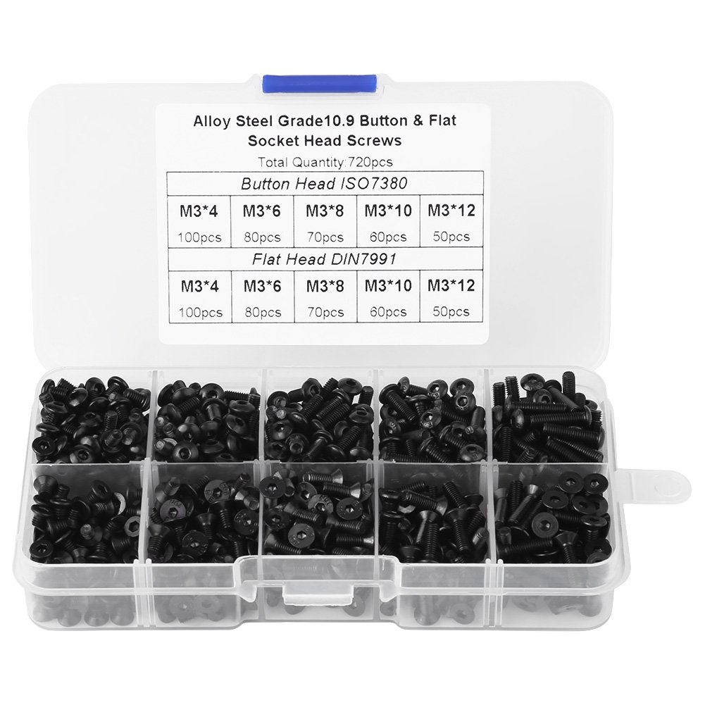 M3 Hex Screw Kit, Black Hex Spacer Screw Standoff Assortment Alloy Steel Flat Head Hex Screws Bolts M3*4/6/8/10/12 720pcs