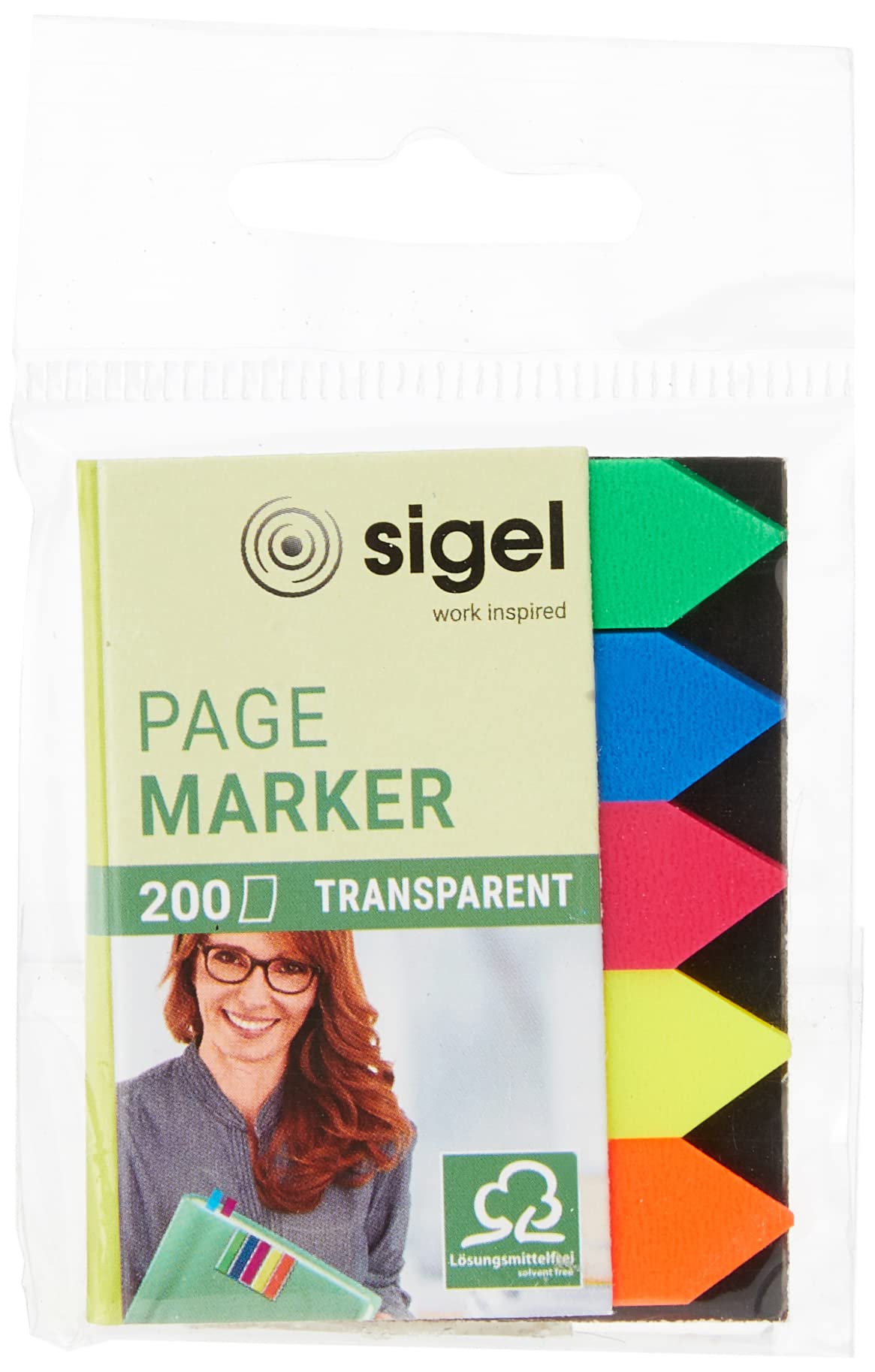 SIGEL HN613 Transparent PageMarkers, 5 x 40 sheets, Green/Blue/Pink/Yellow/Orange