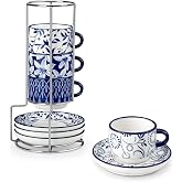 vancasso 2.5 OZ Espresso Cups Set of 4, Porcelain Stackable Cappuccino Cups | Mini Coffee Cups and Saucers Set with Metal Stand for Specialty Drinks, Series SELENE (Vintage Blue, 2.5 Ounce)
