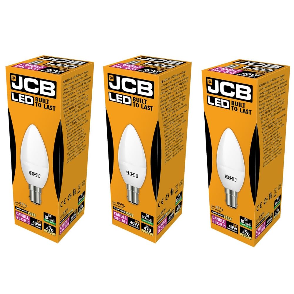 JCB 4.9w LED B15 Candle Bulbs Small Bayonet, 40w Incandescent Bulb Equivalent, 470lm, Warm White 3000k, Non Dimmable, LED Small Bayonet Bulb Candle Light Bulbs, 220-240v. Packs of 3 Units