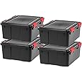 IRIS USA WeatherPro 31 Qt Storage Bins with Lids, 4 Pack, BPA-Free Plastic Gasket Box with Tight Latch and Seal, Stackable Nestable Tote Tub - Black/Red