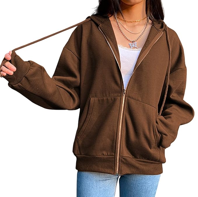 Buy Meladyan Women Y2K Aesthetic Oversized Zip Up Hoodie Solid Fleece Long Sleeve Kangaroo