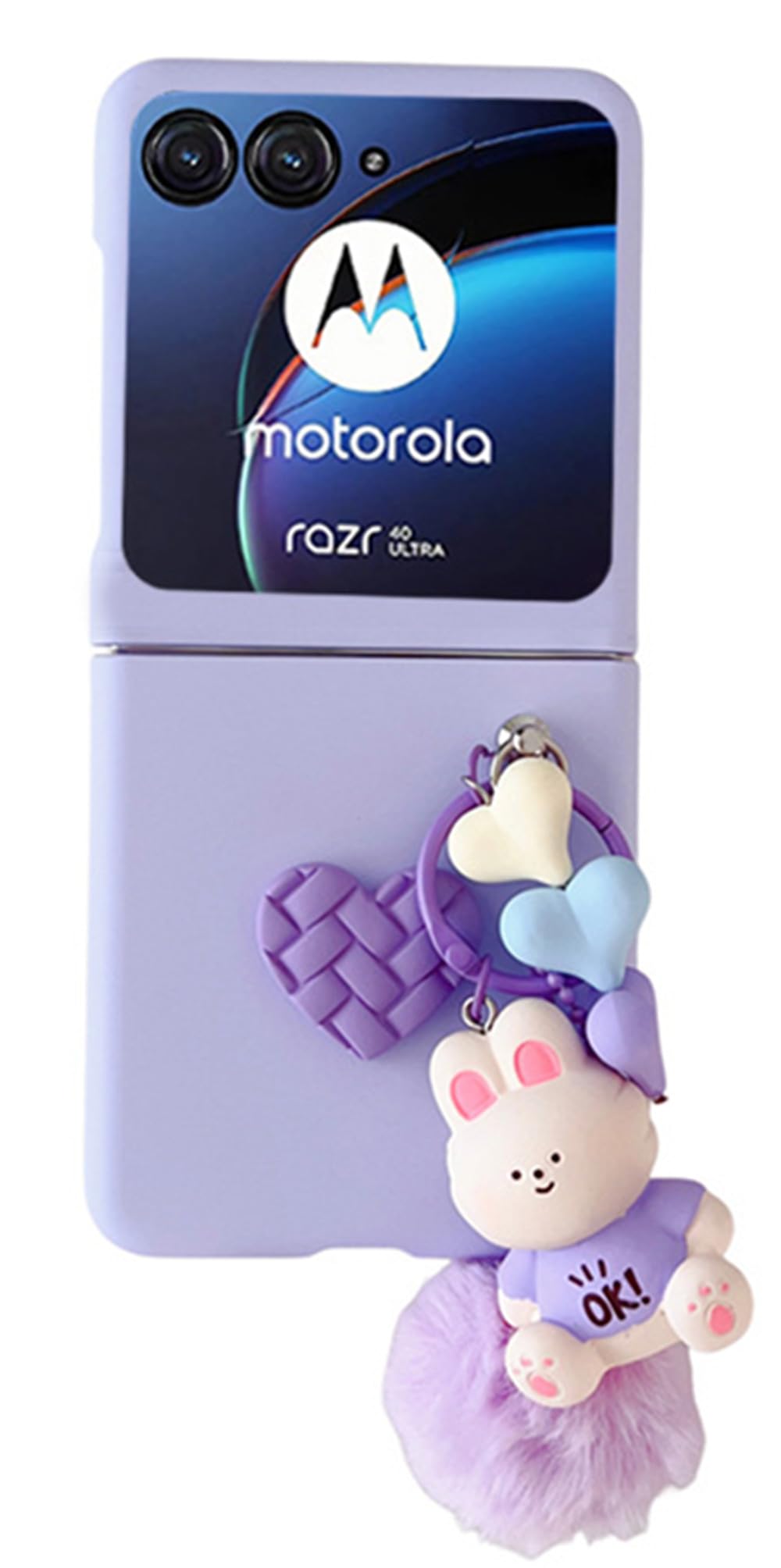 Aulzaju for Motorala Razr Plus 2024/2025 Case for Women Girls,Razr Plus 2025 Case Cute Bling Heart Design Frosted PC Back Soft TPU Bumper with Girly Bear Phone Charm Strap Cover Purple