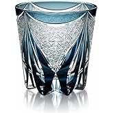 LOUISEYUN Japanese Crystal Whiskey Glass – Elegant Deep Blue Glass with Chrysanthemum & Flame Motif, Hand-Cut Spirits Tumbler for Whiskey & Cocktails