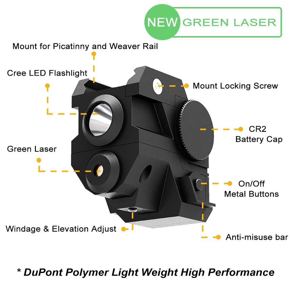 Tactical Pistol Green Laser with High Lumen CREE LED Flashlight, Flashlight Strobe, Flashlight + Green Laser, 4-in-1, Mini Sights Accessories for Handgun/Rifle/Hunting Weapons, 20mm Rails Mount