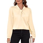 COUXILY Womens Satin Silk Blouses Business Casual Dressy Elegant Shirts Mock Neck Long Sleeve Twist Front Office Work Tops