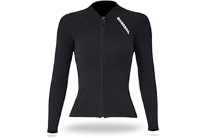 HUIOP Women's 2mm Neoprene Long Sleeve Zipper Wetsuit Top for Adults, Black, Snorkeling, Diving, Surfing, Swimming